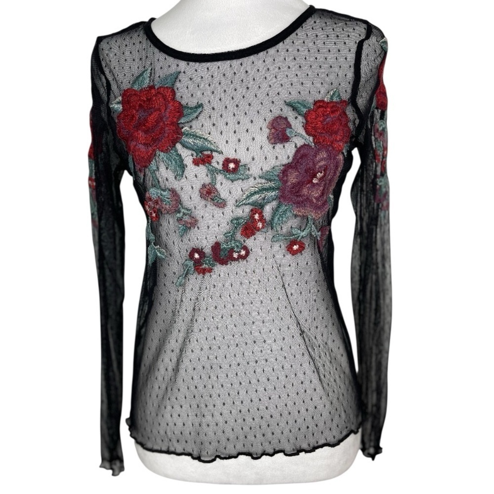 American Eagle Outfitters Black Mesh Red Floral Embroidered Blouse Size Small